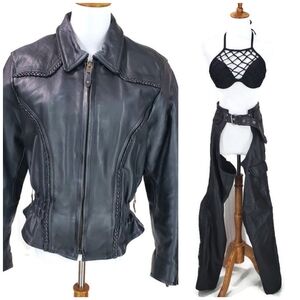 Womens Biker Chaps Set Black Leather Jacket Braided Accent Xsmall/Small